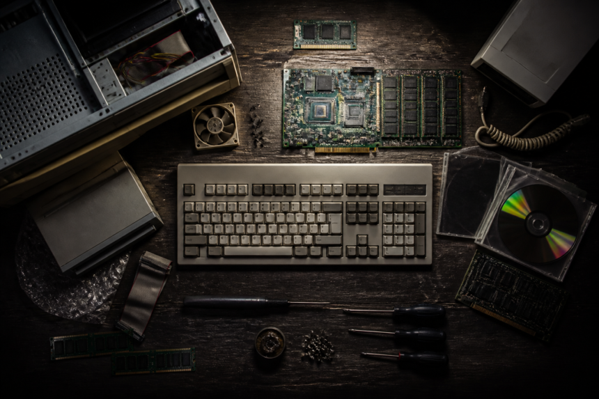 Top-down view of retro PC gaming components and repair tools on a wooden workbench under spotlight.
