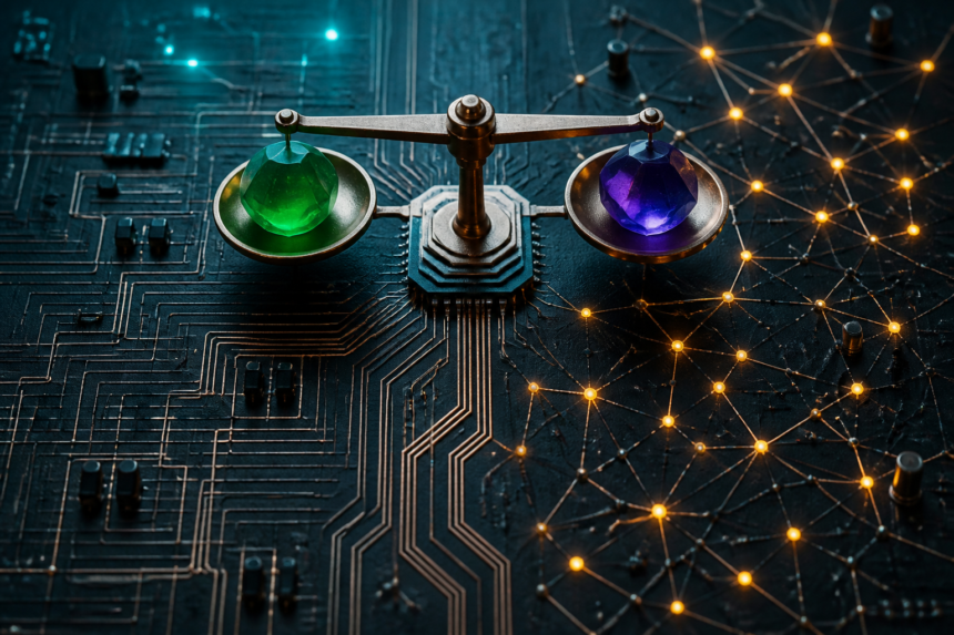 Physical representation of probability trading and prediction market mechanics across decentralized network nodes.