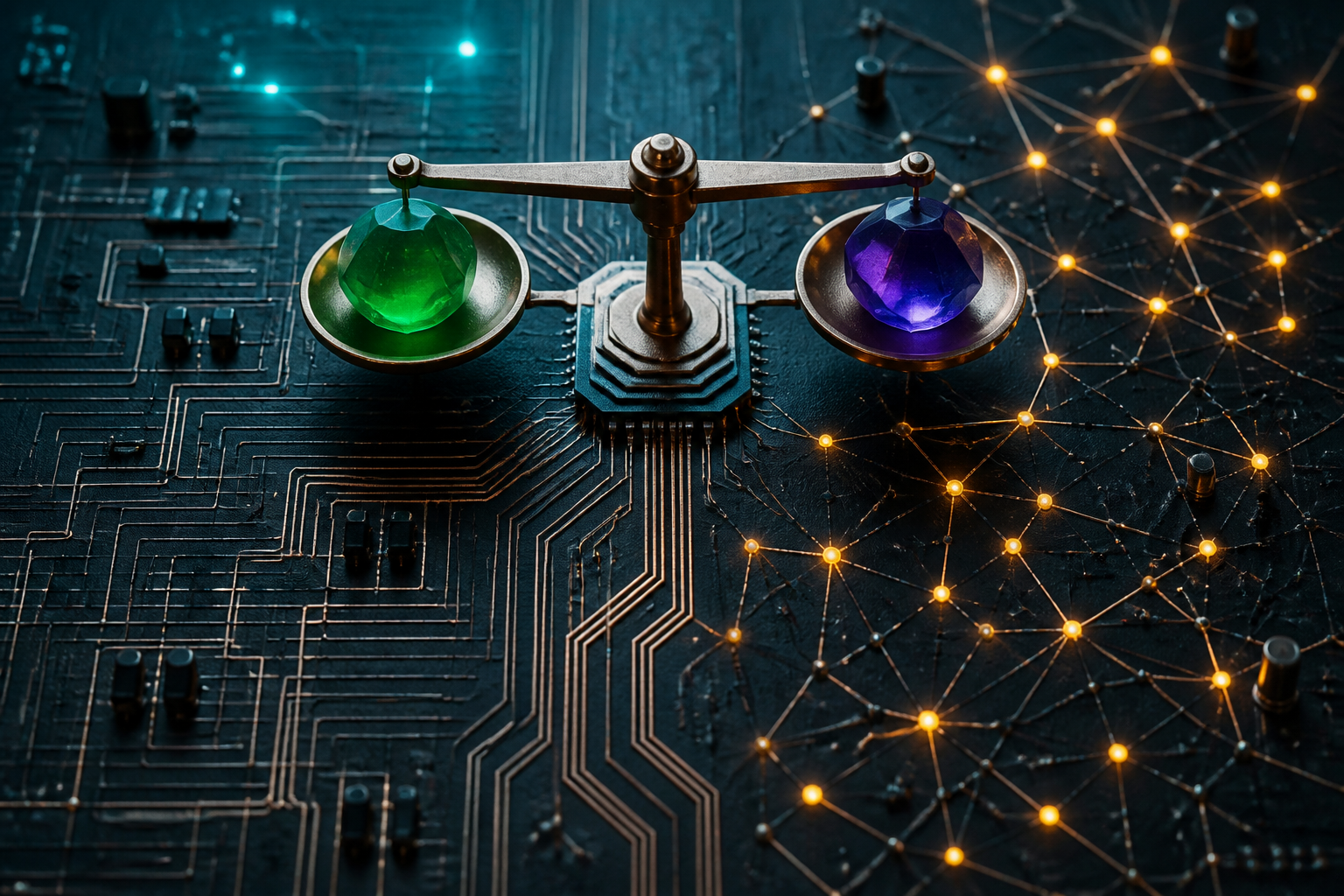 Physical representation of probability trading and prediction market mechanics across decentralized network nodes.